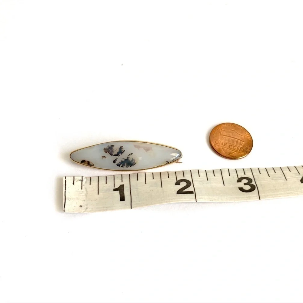 14K Gold Agate Brooch Montana‎ Moss Antique Vintage Art Deco 40s 50s Stone Pin